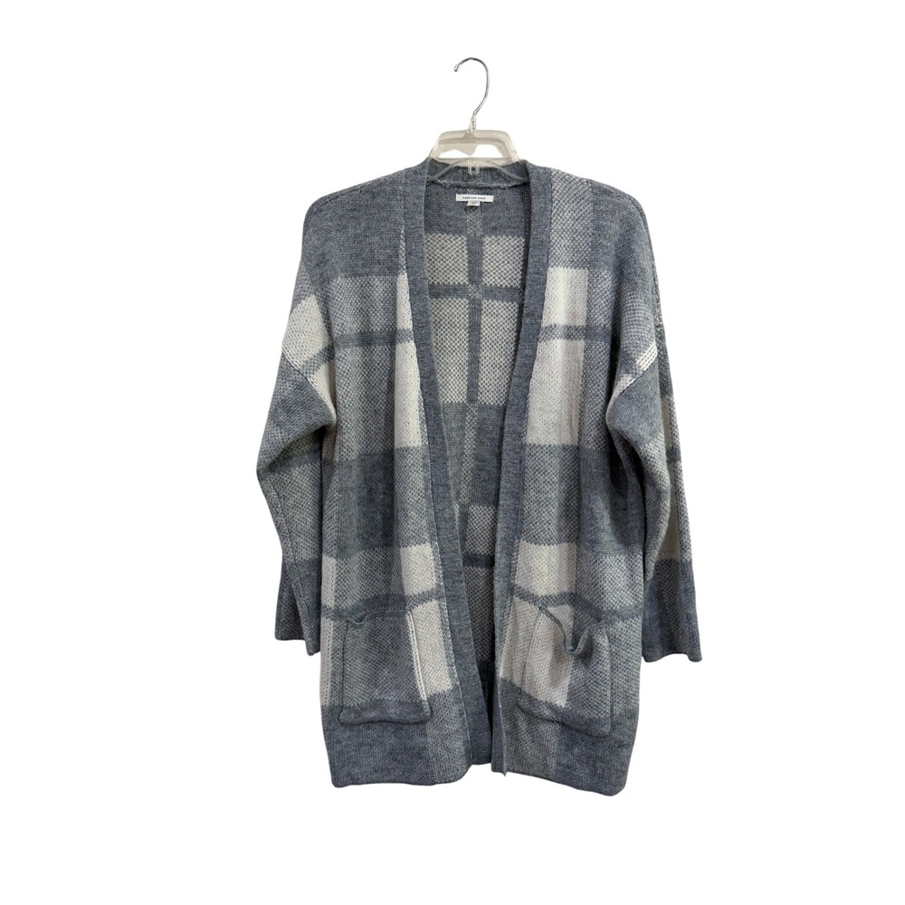 American Eagle Grey Plaid Open Front Cardigan Sweater Medium Pockets Oversized